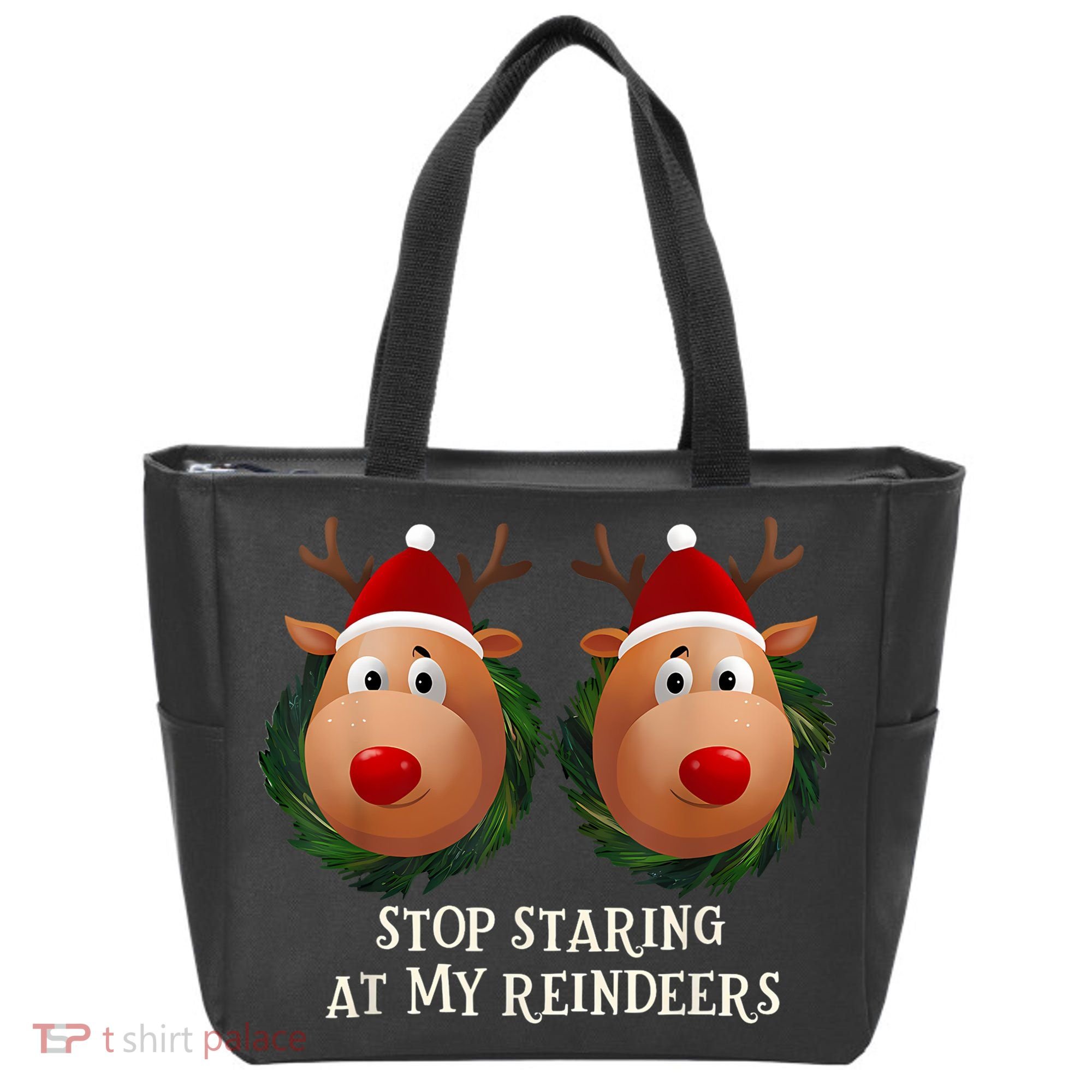 Stop Staring At My Reindeers Ugly Gag Xmas Sweater Christmas Tote Bag