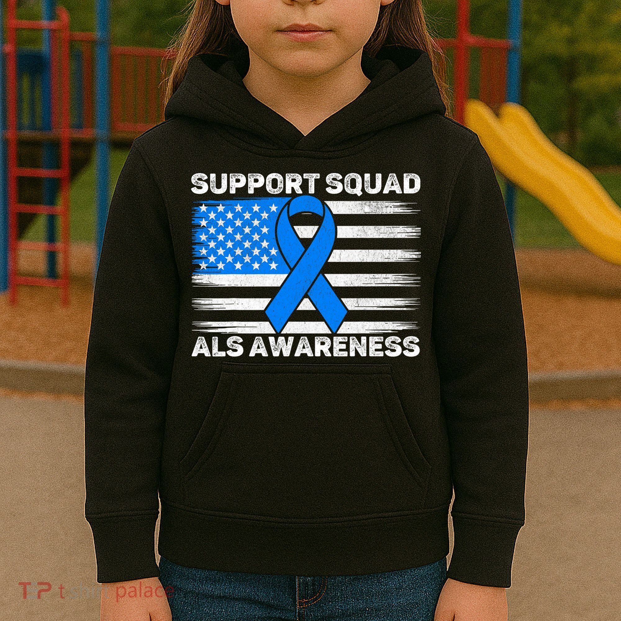Support Squad ALS Awareness Month USA American Flag Dad  Kids Hoodie