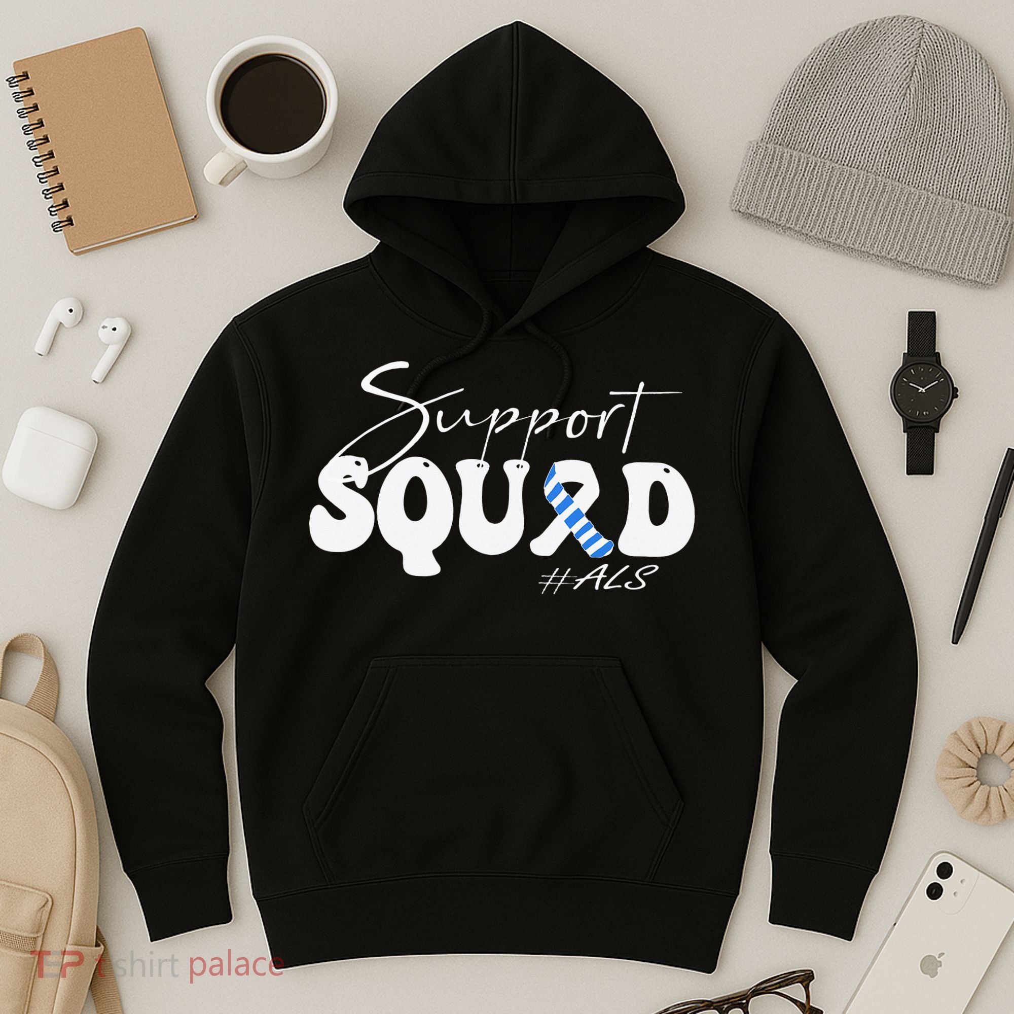Support Squad ALS Awareness Blue & White Ribbon Hoodie