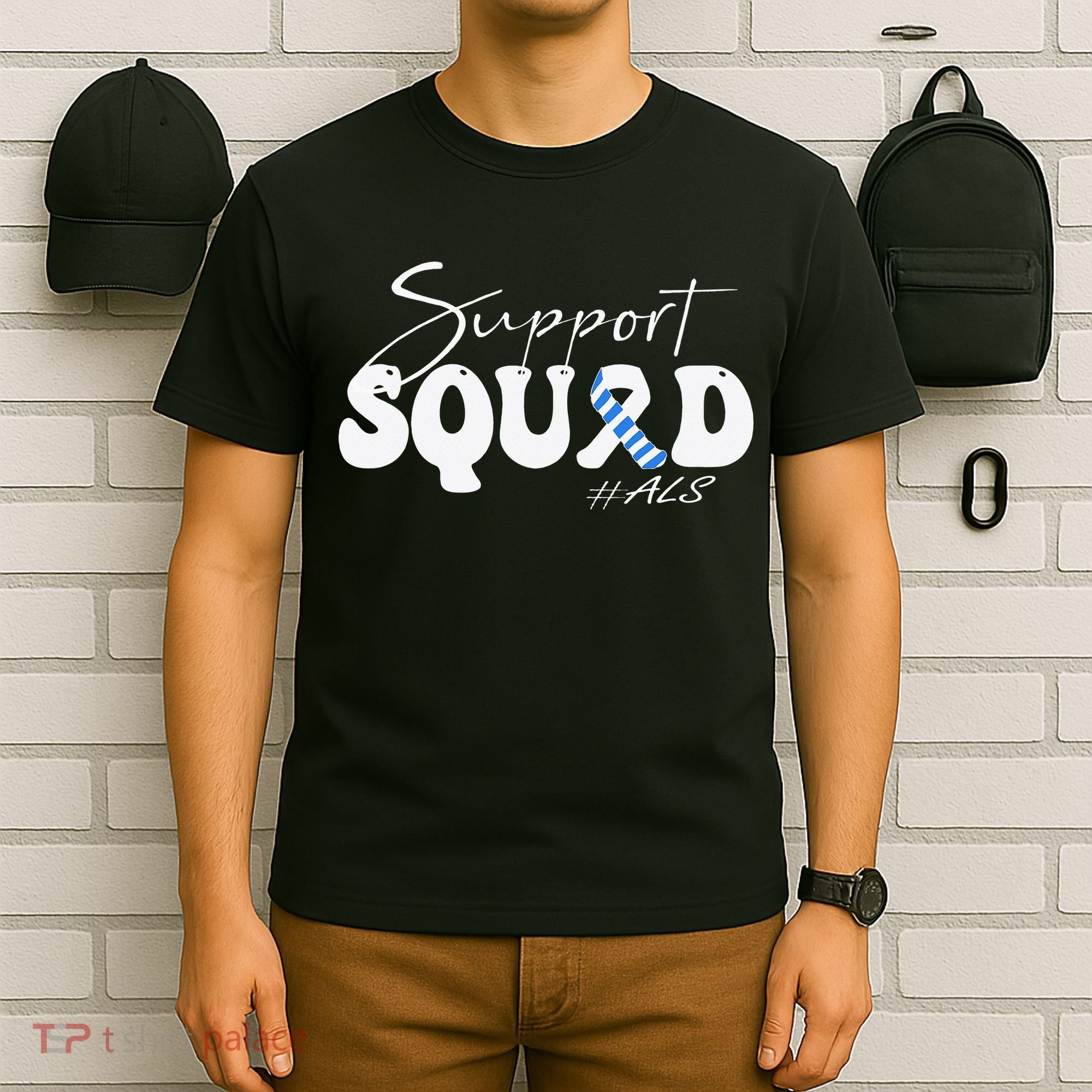 Support Squad ALS Awareness Blue & White Ribbon T-Shirt