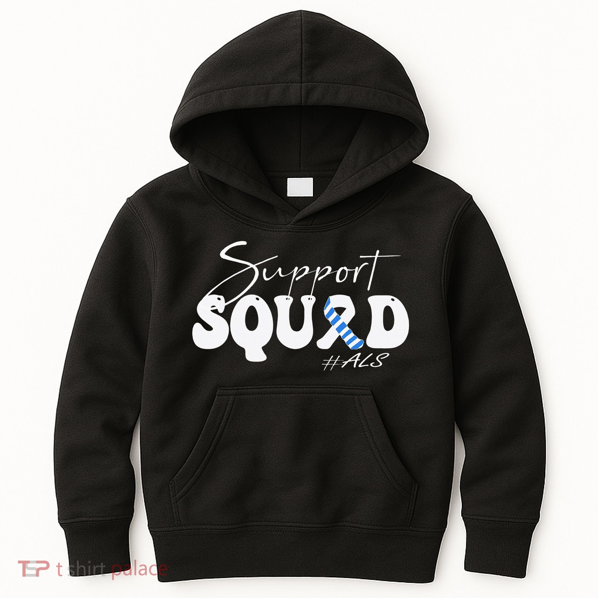 Support Squad ALS Awareness Blue & White Ribbon Kids Hoodie