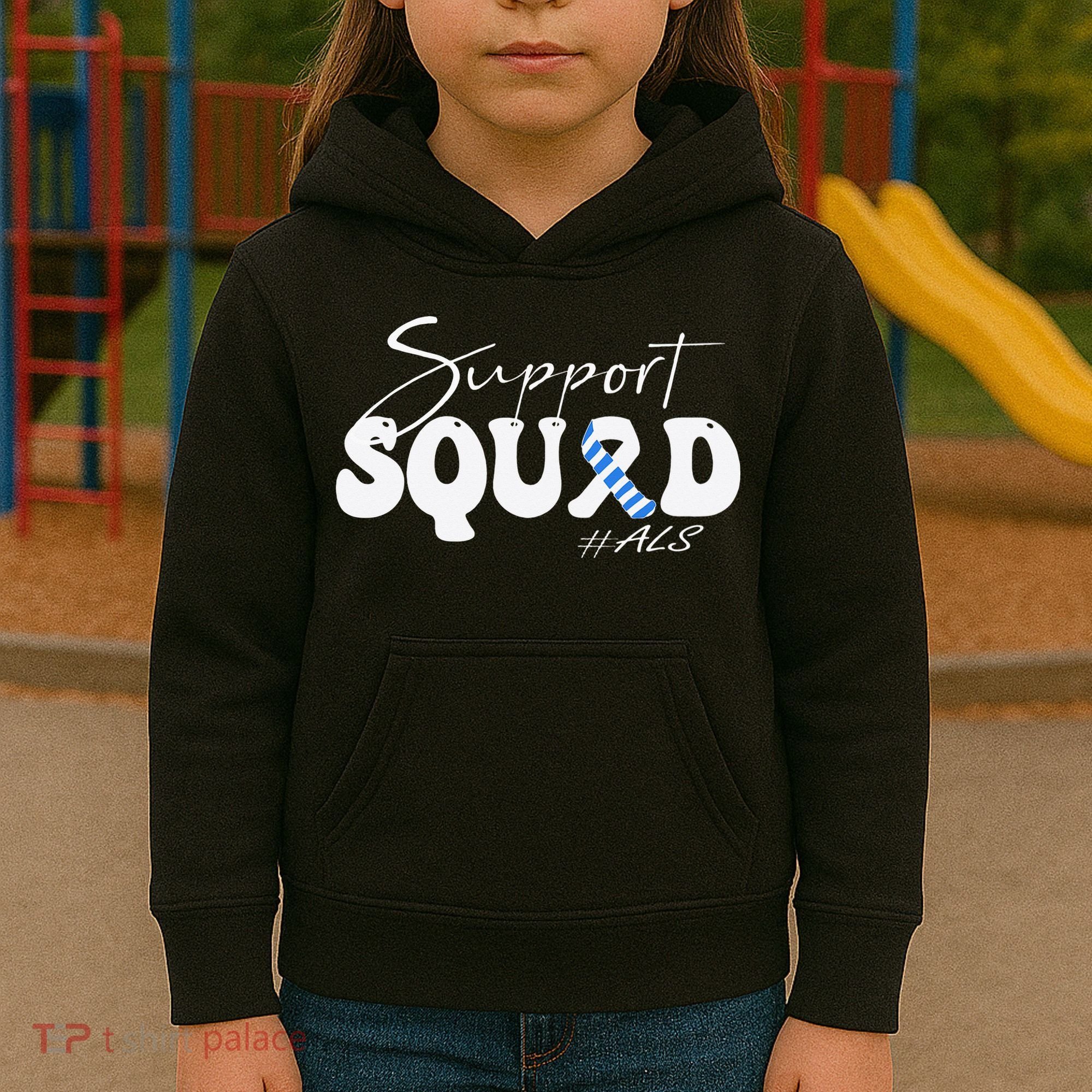 Support Squad ALS Awareness Blue & White Ribbon Kids Hoodie