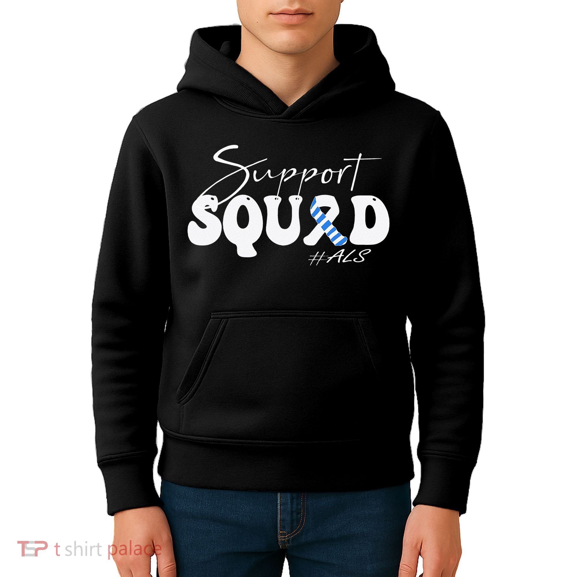 Support Squad ALS Awareness Blue & White Ribbon Kids Hoodie