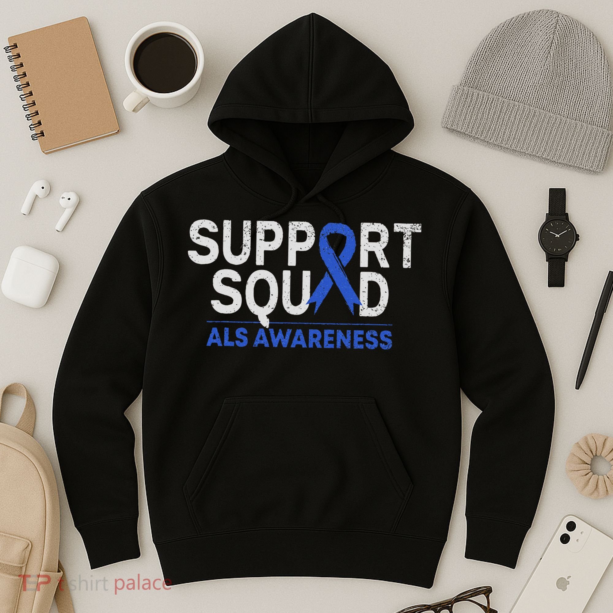 Support Squad Als Awareness Month Blue Ribbon Support Team Hoodie