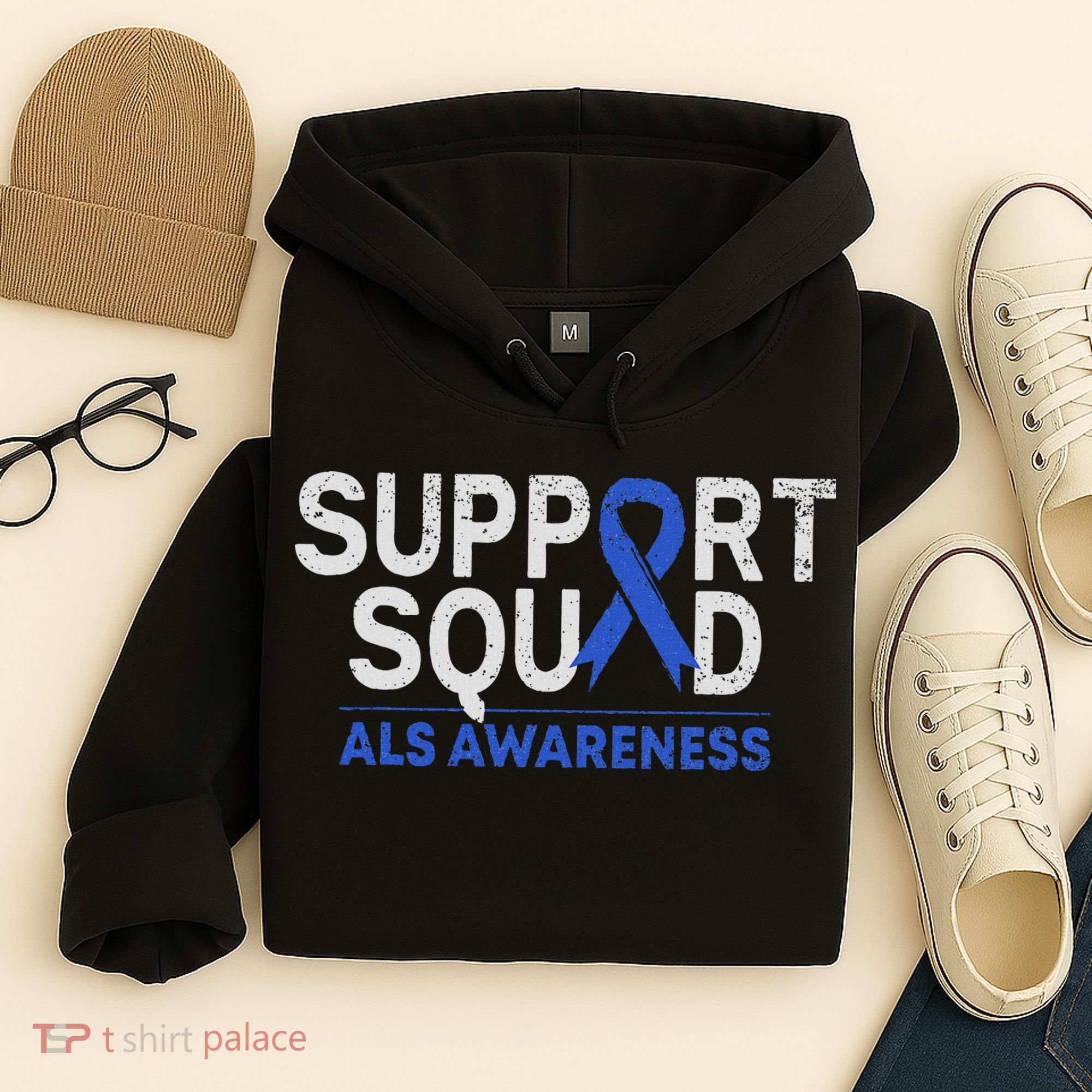 Support Squad Als Awareness Month Blue Ribbon Support Team Hoodie