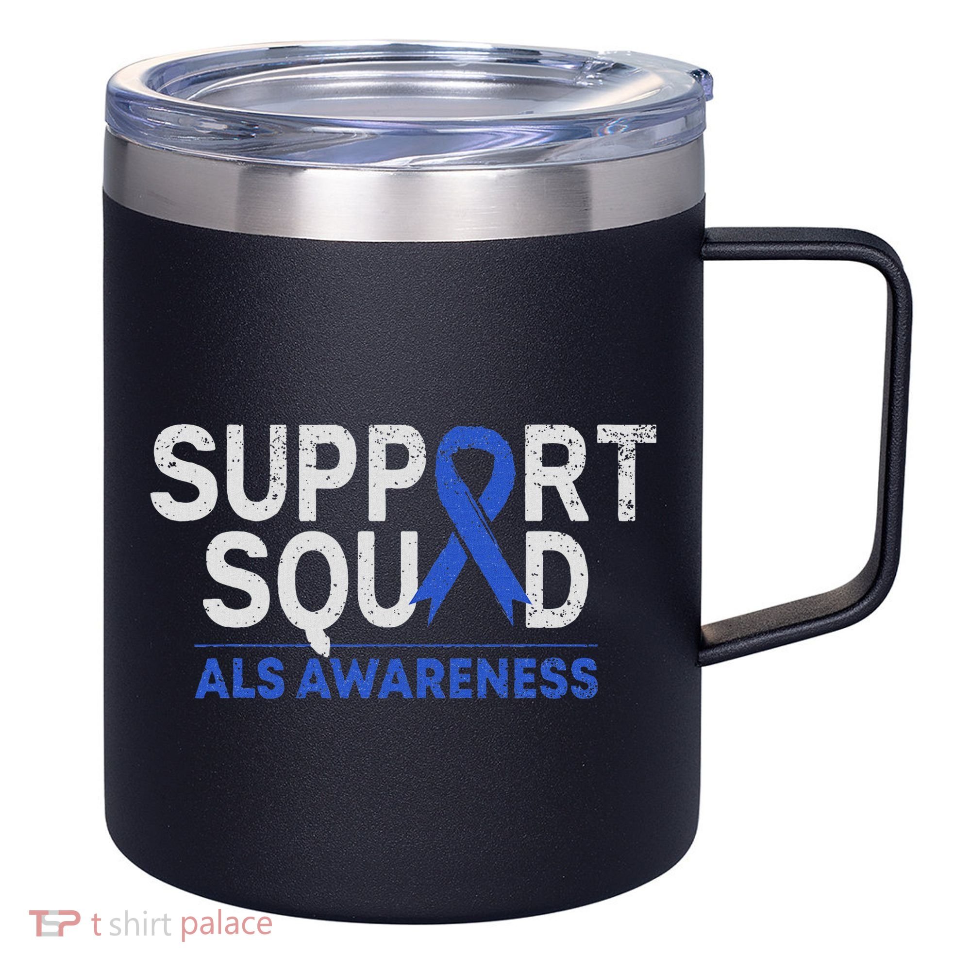 Support Squad Als Awareness Month Blue Ribbon Support Team 12oz Stainless Steel Coffee Mug