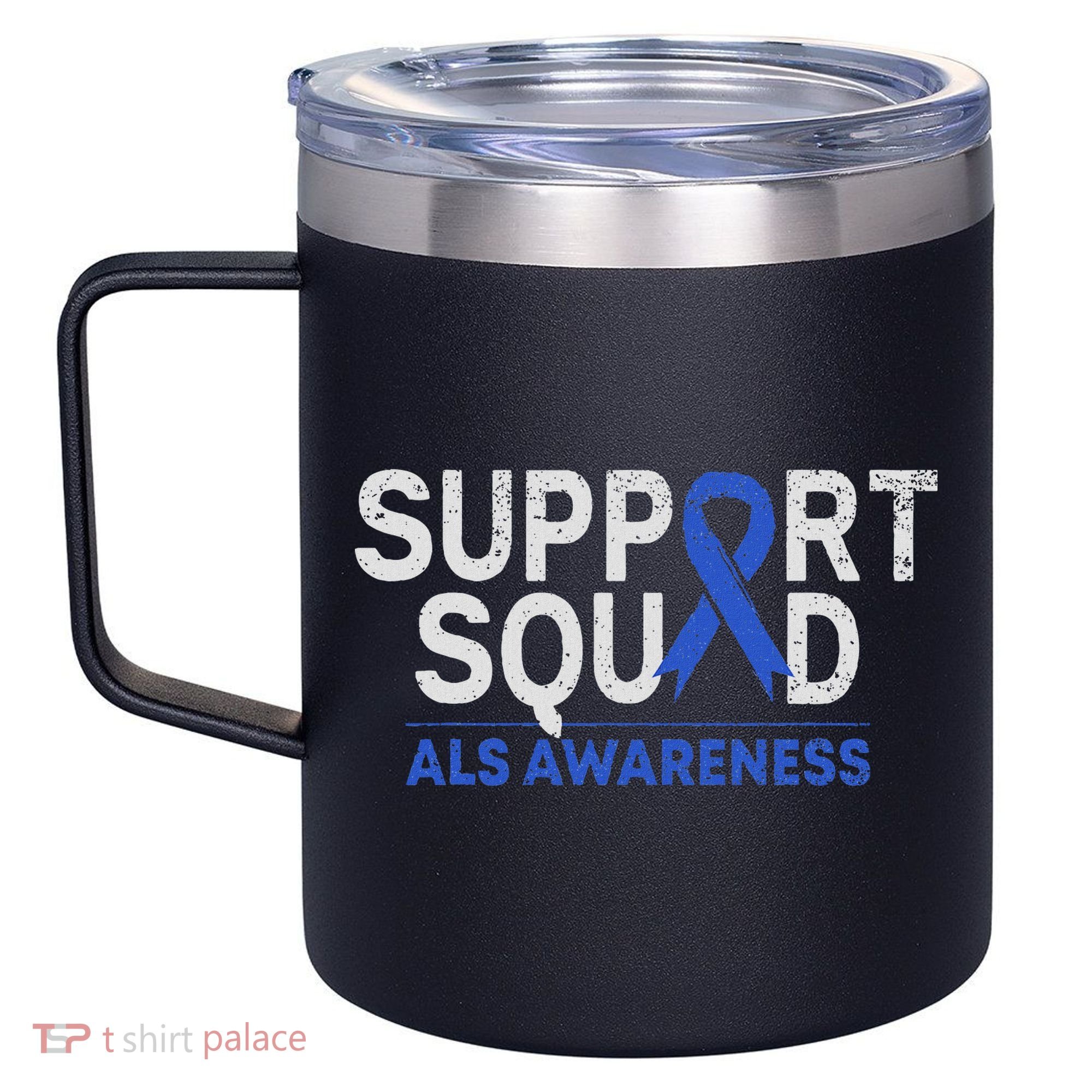 Support Squad Als Awareness Month Blue Ribbon Support Team 12oz Stainless Steel Coffee Mug