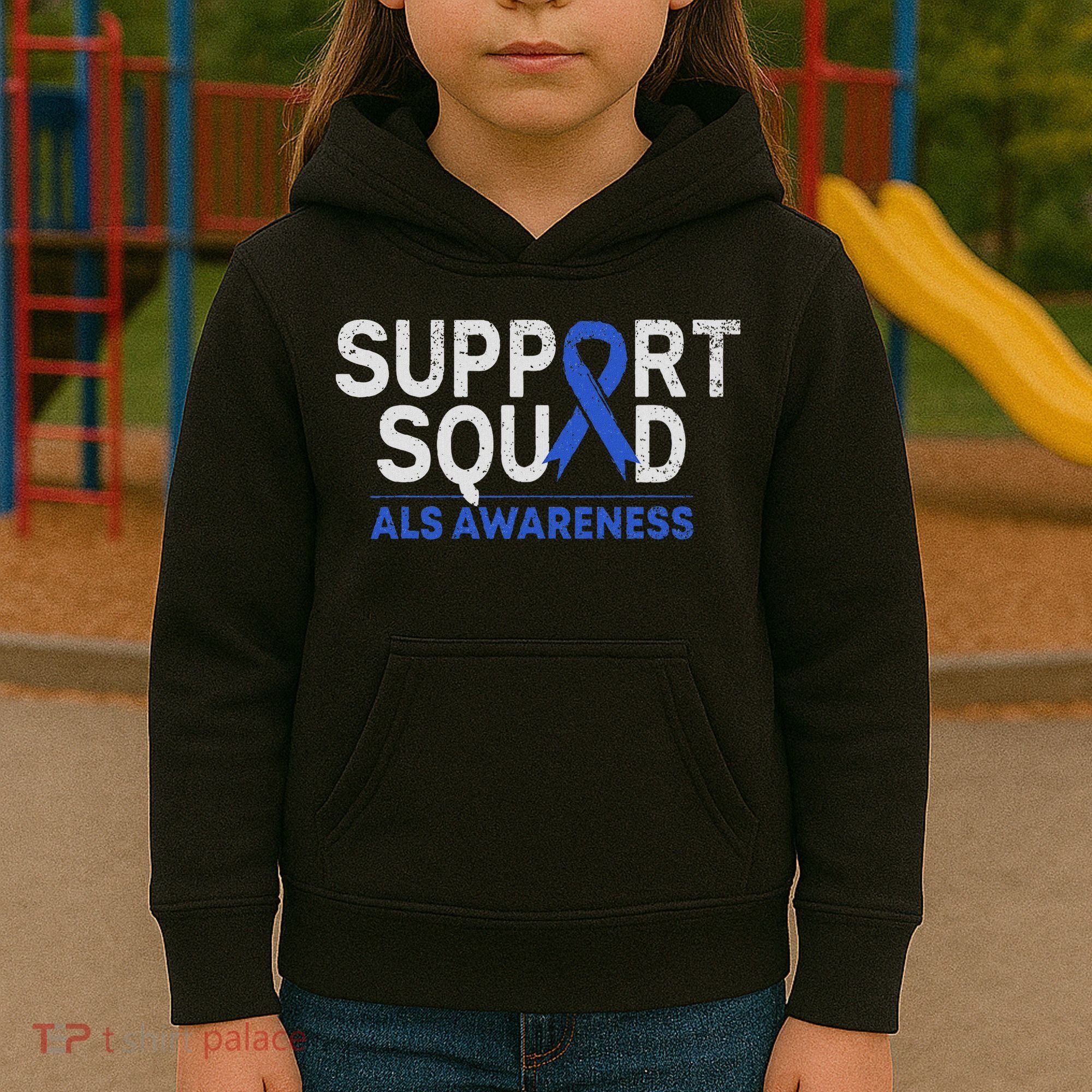 Support Squad Als Awareness Month Blue Ribbon Support Team Kids Hoodie