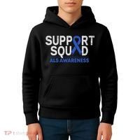 Support Squad Als Awareness Month Blue Ribbon Support Team Kids Hoodie thumb 4