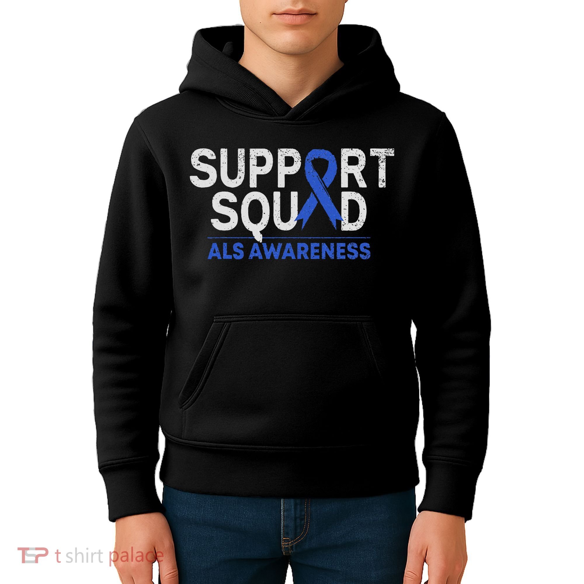 Support Squad Als Awareness Month Blue Ribbon Support Team Kids Hoodie