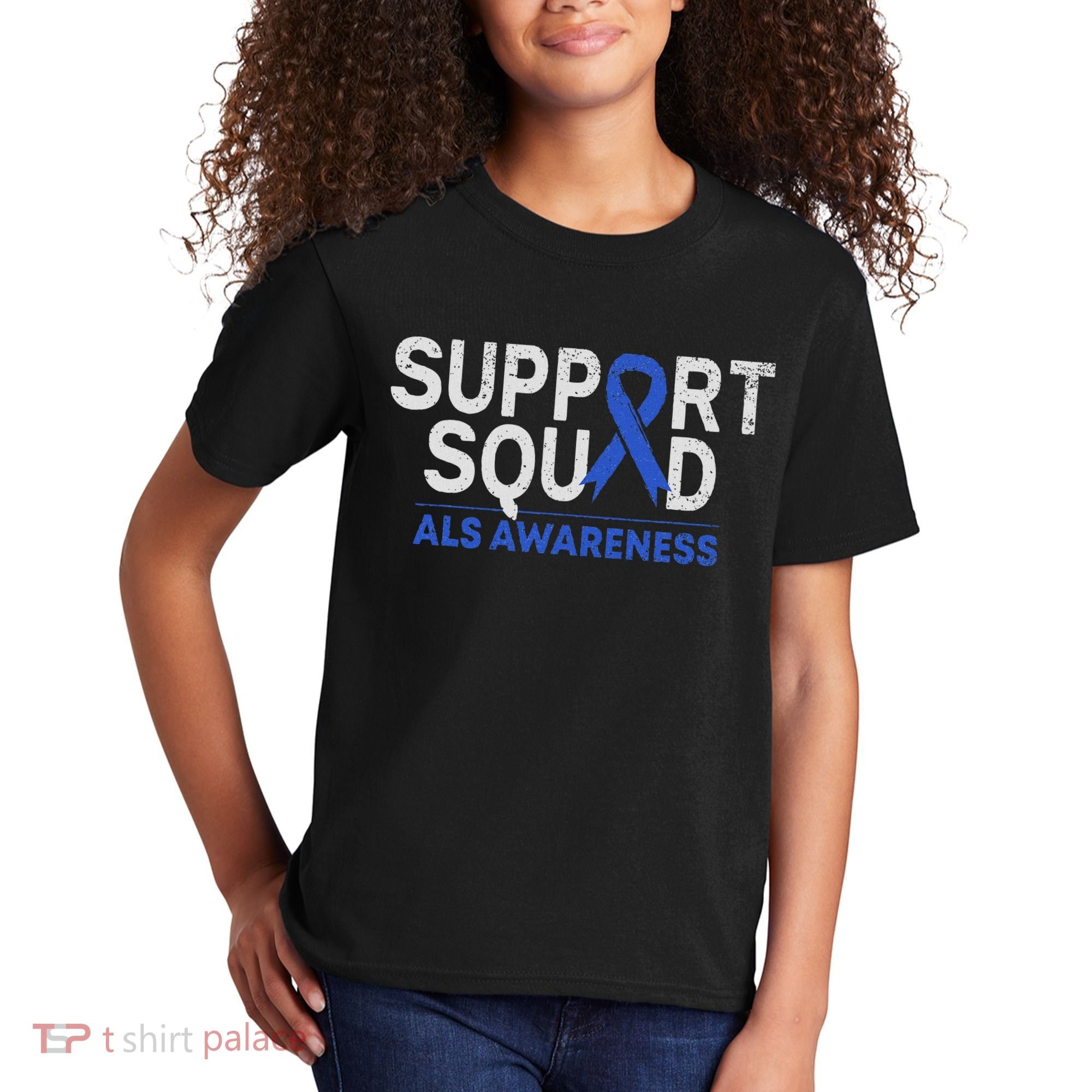 Support Squad Als Awareness Month Blue Ribbon Support Team Kids T-Shirt