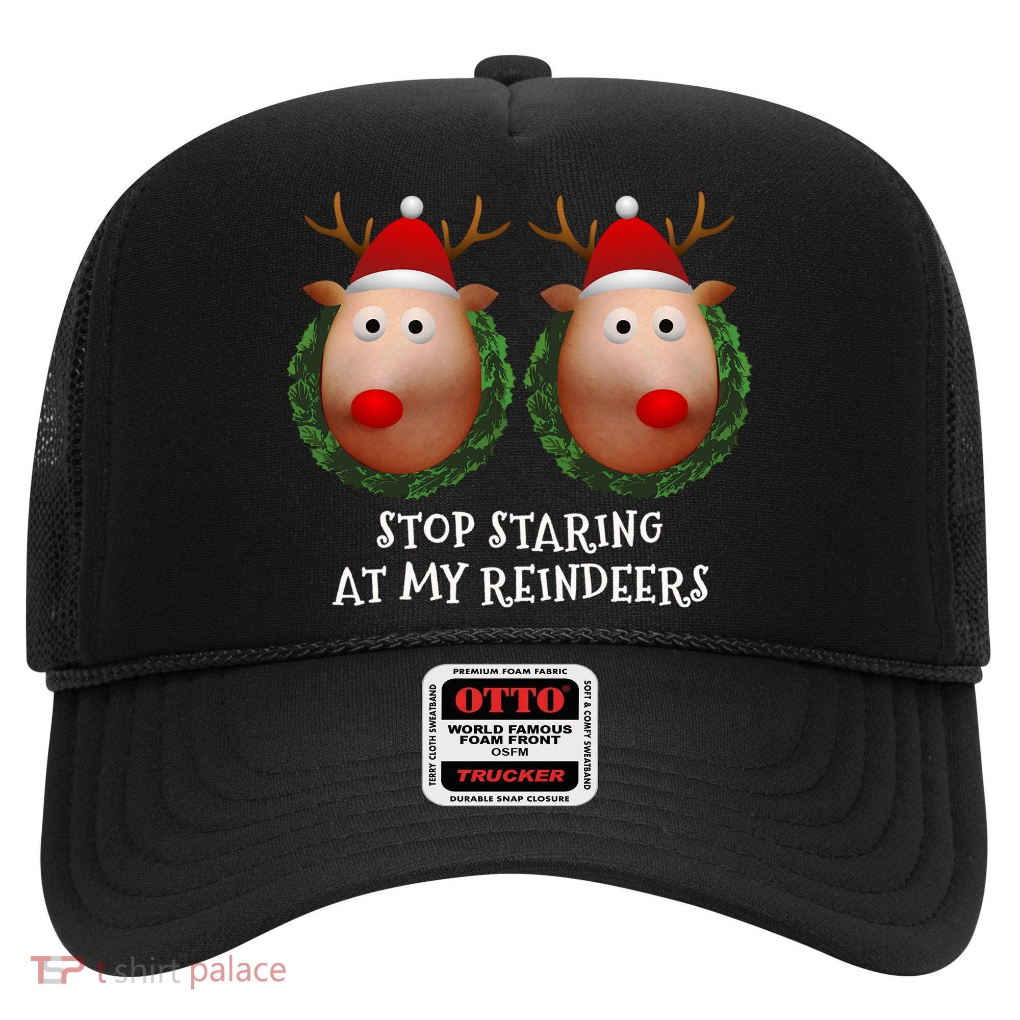 Stop Staring At My Reindeers Boobs Ugly Gag Xmas Sweater Funny Gift Hat