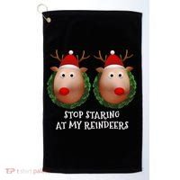 Stop Staring At My Reindeers Boobs Ugly Gag Xmas Sweater Funny Gift Golf Towel thumb 0