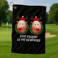 Stop Staring At My Reindeers Boobs Ugly Gag Xmas Sweater Funny Gift Golf Towel thumb 1