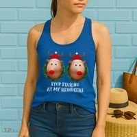 Stop Staring At My Reindeers Boobs Ugly Gag Xmas Sweater Funny Gift Women's Tank Top thumb 2