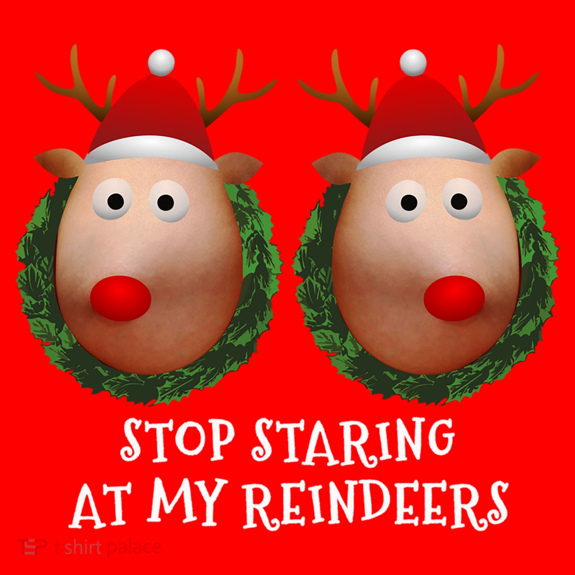 Stop Staring At My Reindeers Boobs Ugly Gag Xmas Sweater Funny Gift Santa Hat