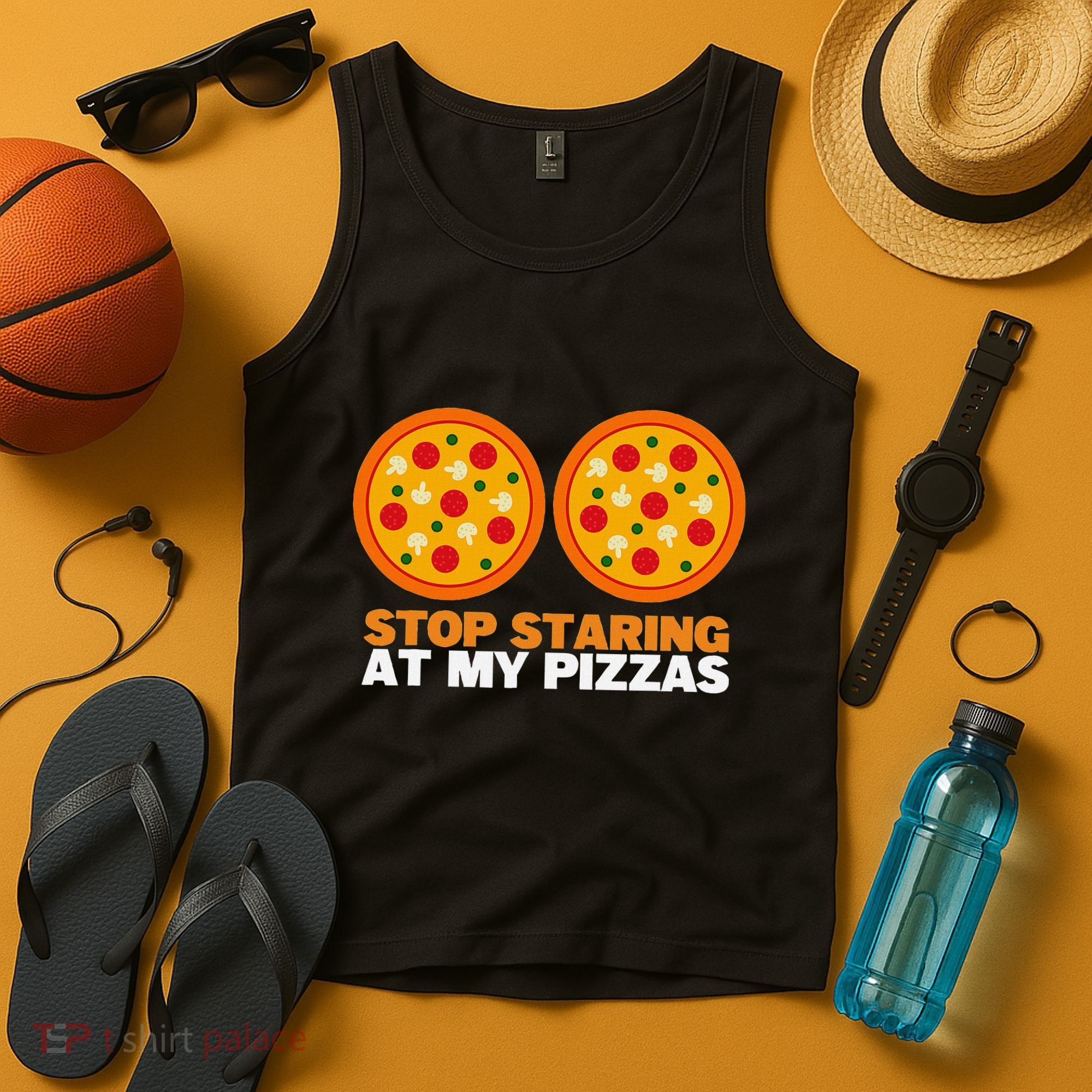 Stop Staring At My Pizza Party Women Funny Pizza Tank Top