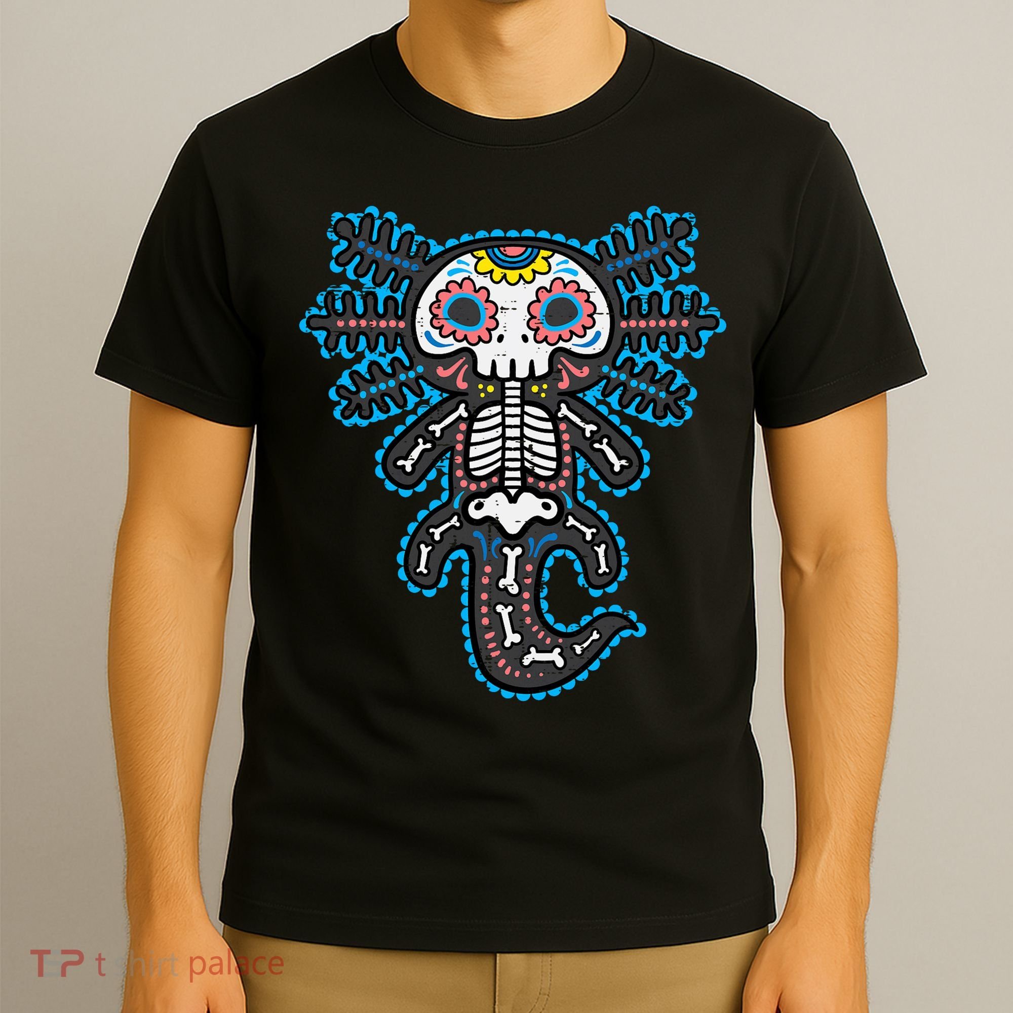 Sugar Skull Axolotl Skeleton Halloween Dia De Los Muertos  T-Shirt