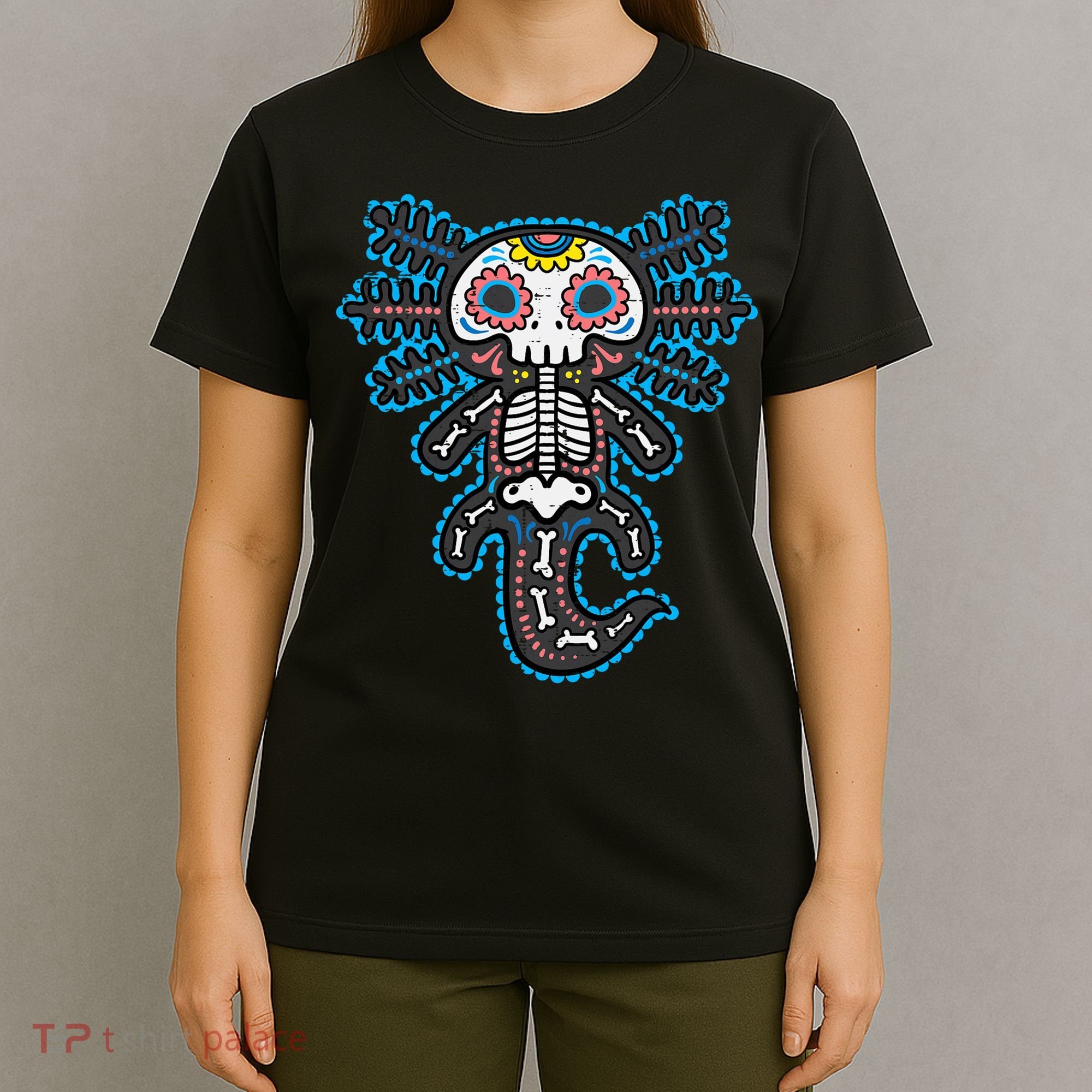 Sugar Skull Axolotl Skeleton Halloween Dia De Los Muertos  T-Shirt