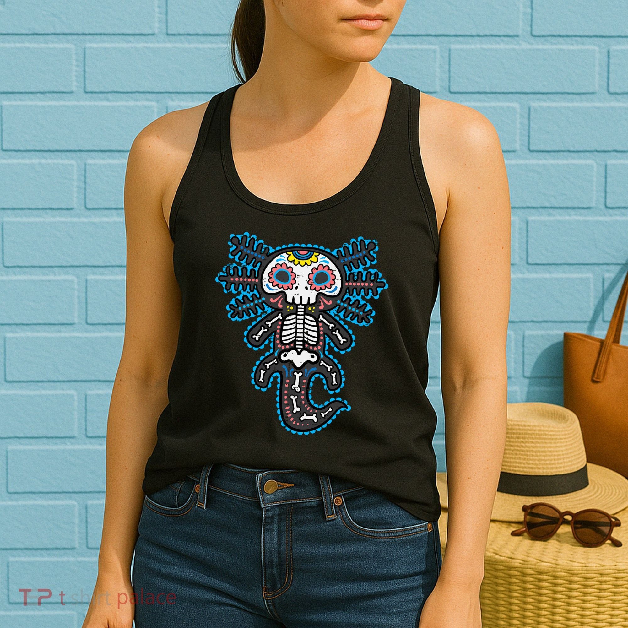 Sugar Skull Axolotl Skeleton Halloween Dia De Los Muertos  Women's Tank Top