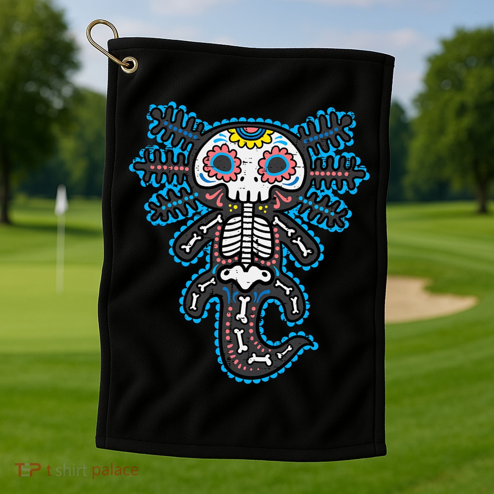 Sugar Skull Axolotl Skeleton Halloween Dia De Los Muertos  Golf Towel