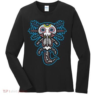 Sugar Skull Axolotl Skeleton Halloween Dia De Los Muertos  Women's Long Sleeve Shirt