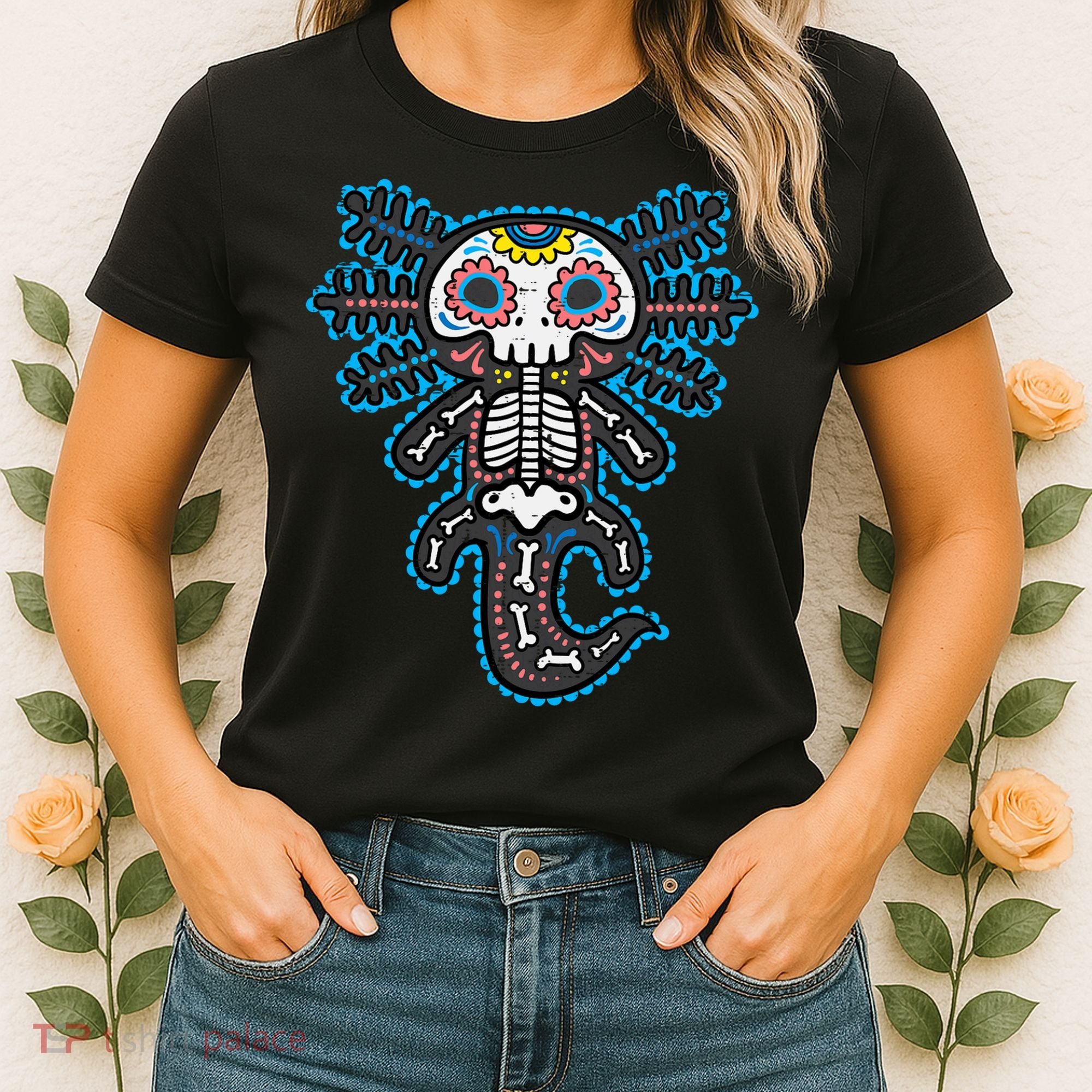 Sugar Skull Axolotl Skeleton Halloween Dia De Los Muertos  Women's T-Shirt