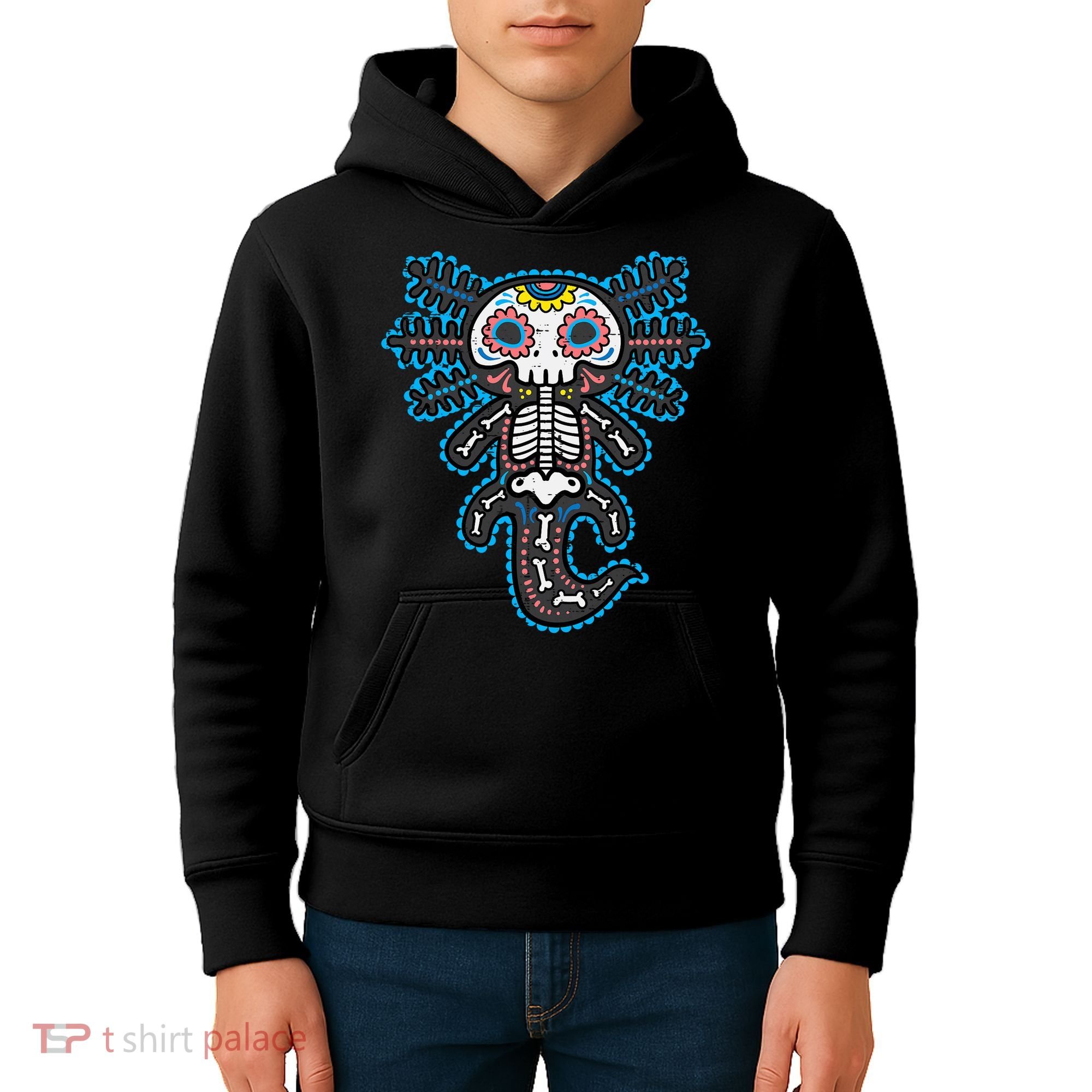Sugar Skull Axolotl Skeleton Halloween Dia De Los Muertos  Kids Hoodie