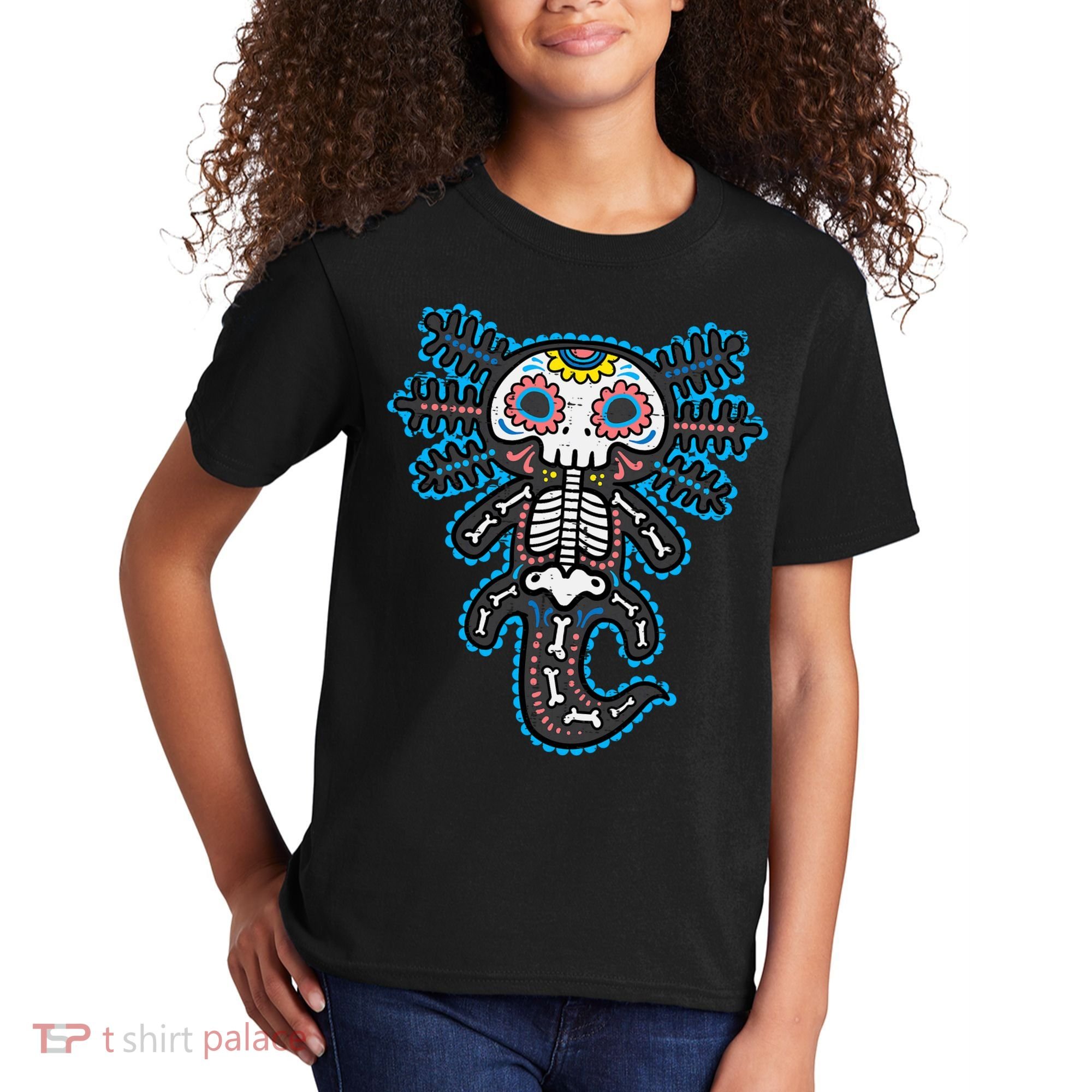 Sugar Skull Axolotl Skeleton Halloween Dia De Los Muertos  Kids T-Shirt