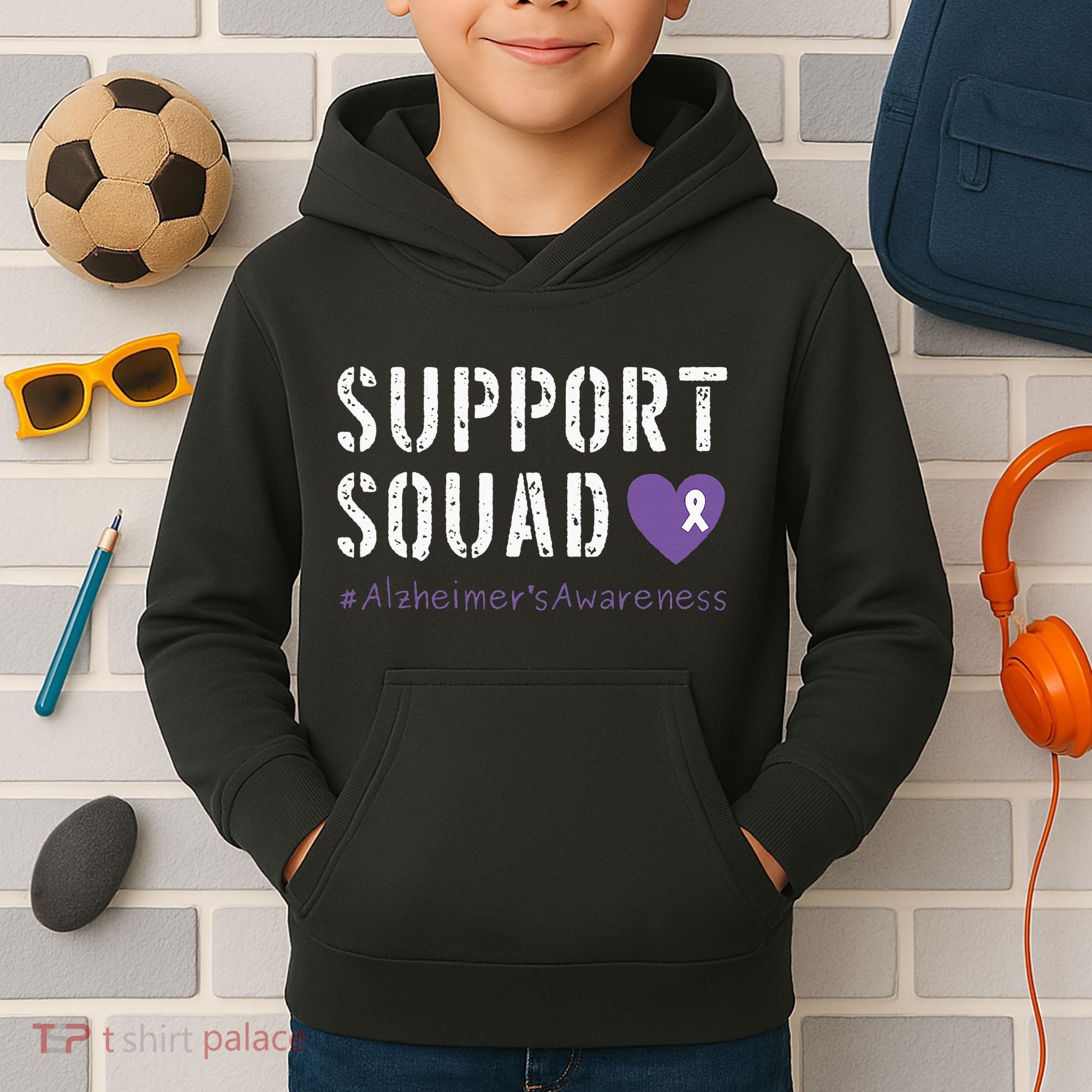 Support Squad Alzheimers Awareness Heart Ribbon Kids Hoodie