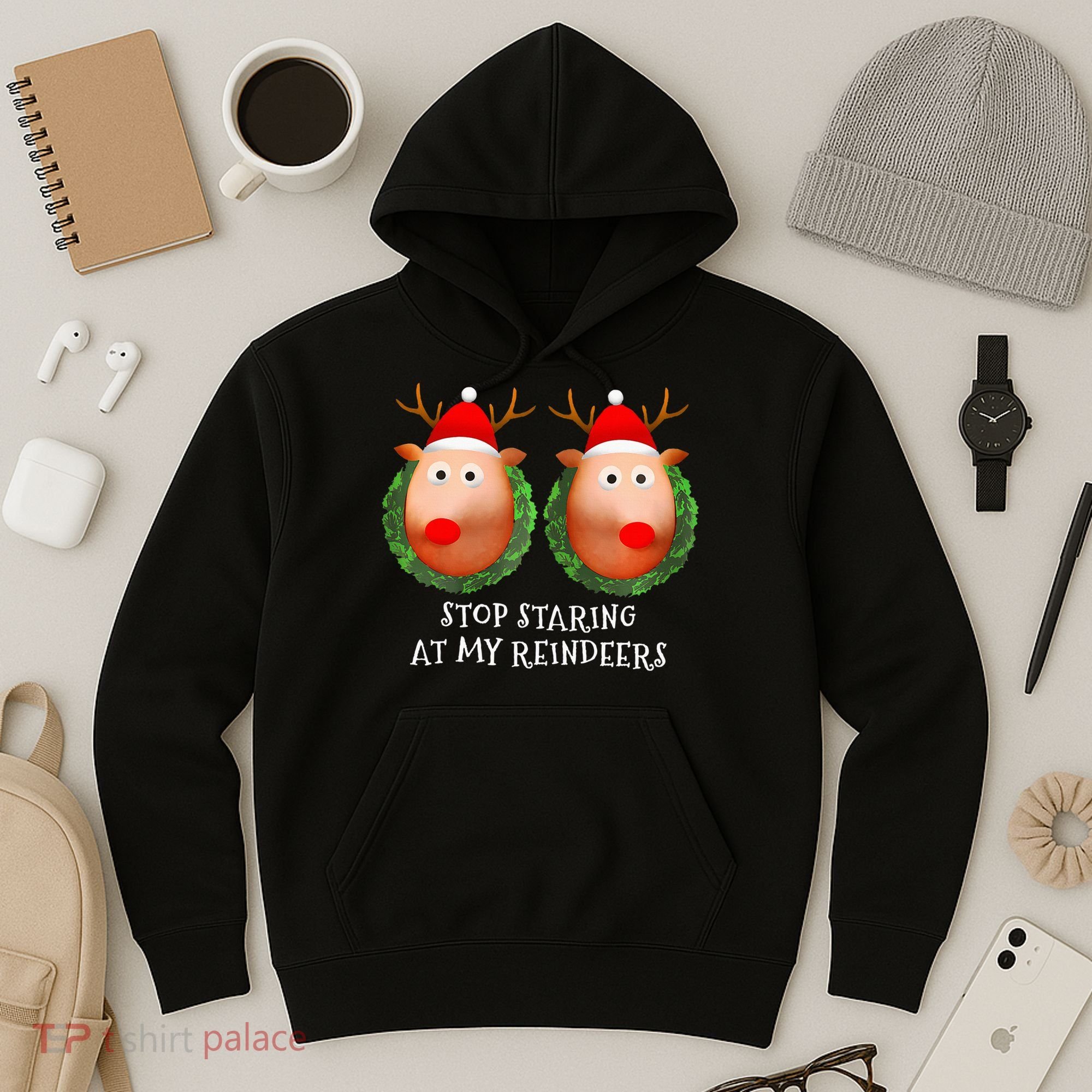 Stop Staring At My Reindeers Boob Ugly Gag Xmas Sweater  Hoodie