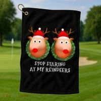 Stop Staring At My Reindeers Boob Ugly Gag Xmas Sweater  Golf Towel thumb 1