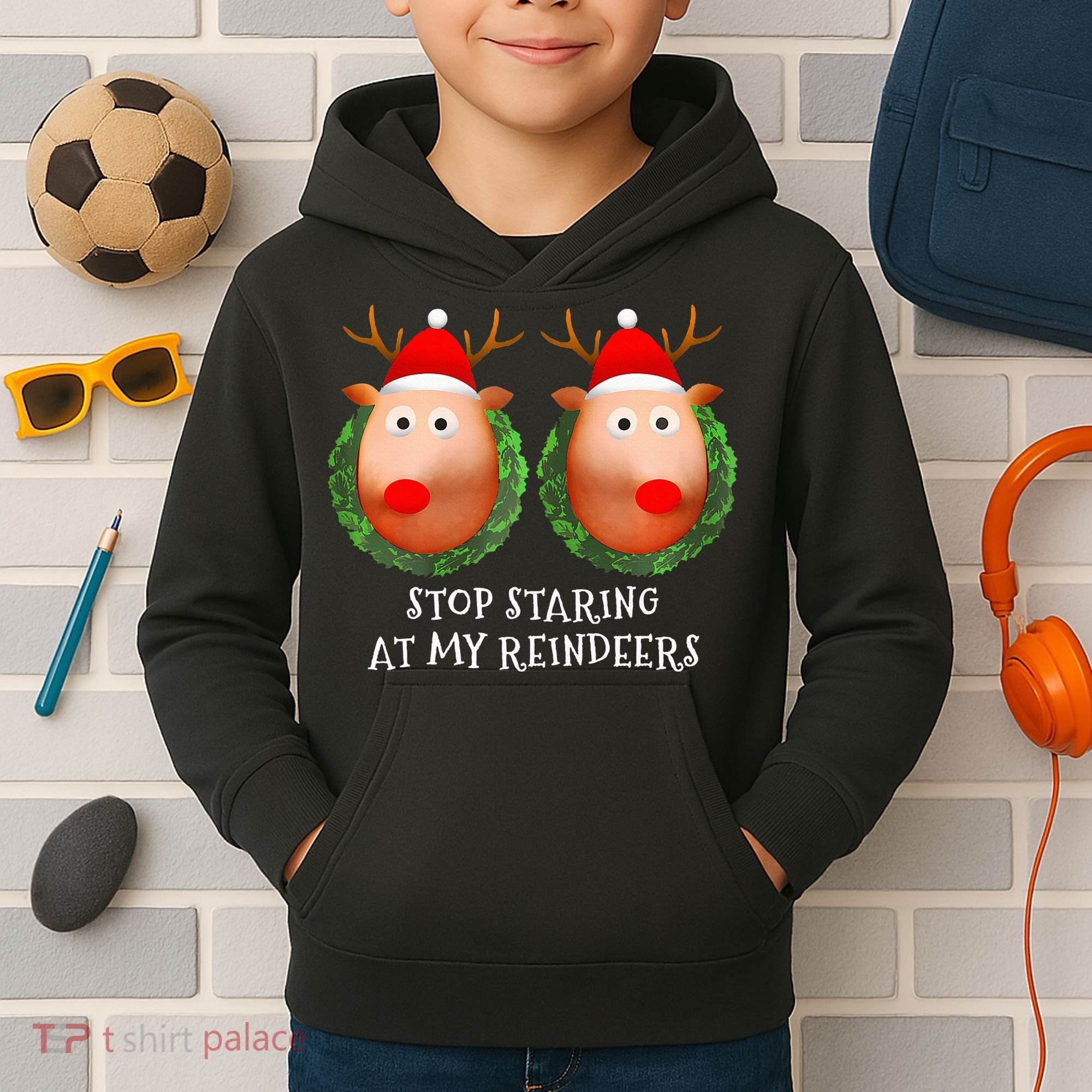 Stop Staring At My Reindeers Boob Ugly Gag Xmas Sweater  Kids Hoodie