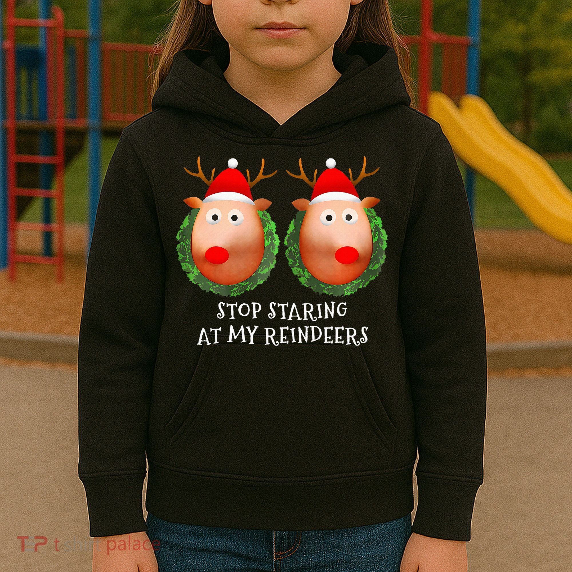 Stop Staring At My Reindeers Boob Ugly Gag Xmas Sweater  Kids Hoodie