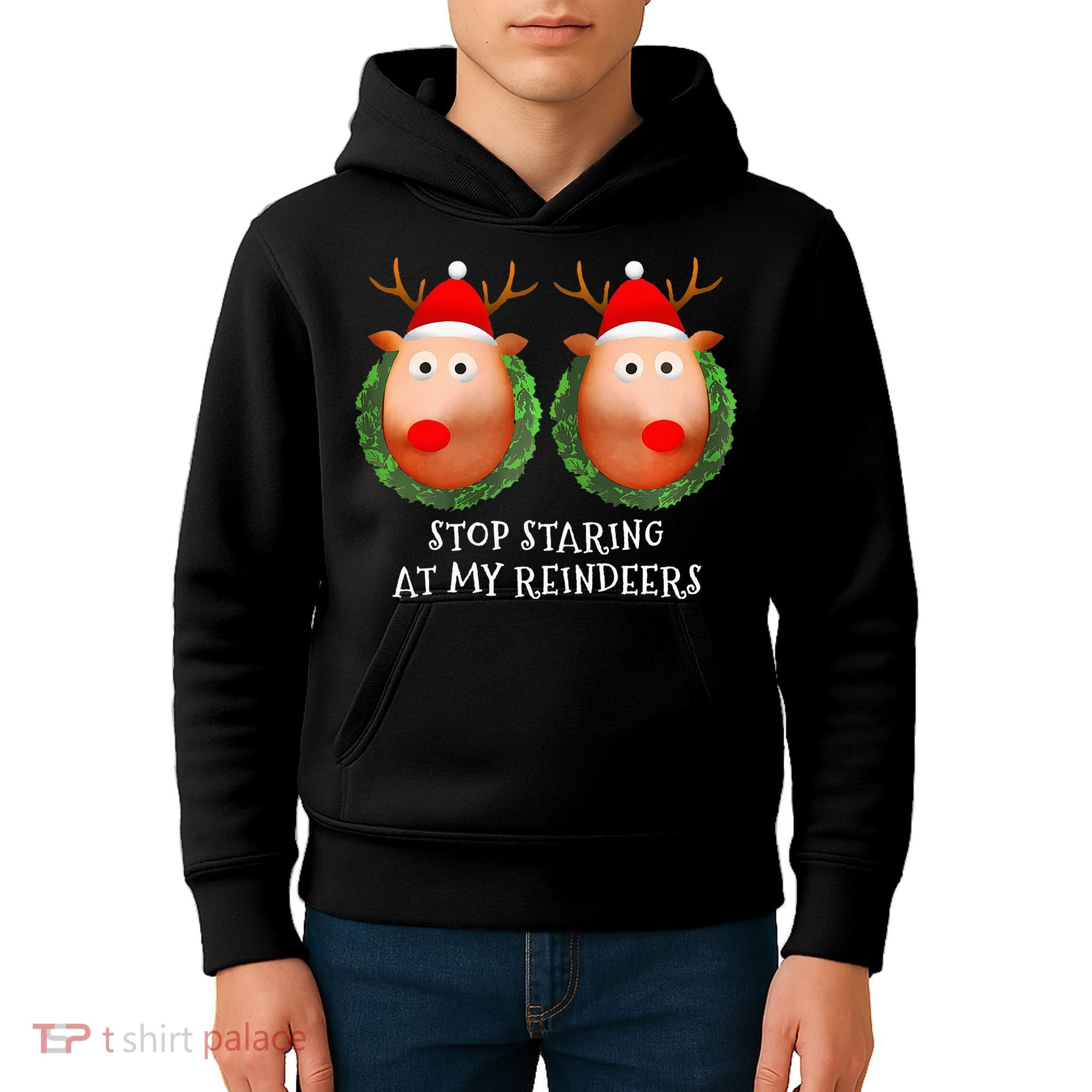 Stop Staring At My Reindeers Boob Ugly Gag Xmas Sweater  Kids Hoodie