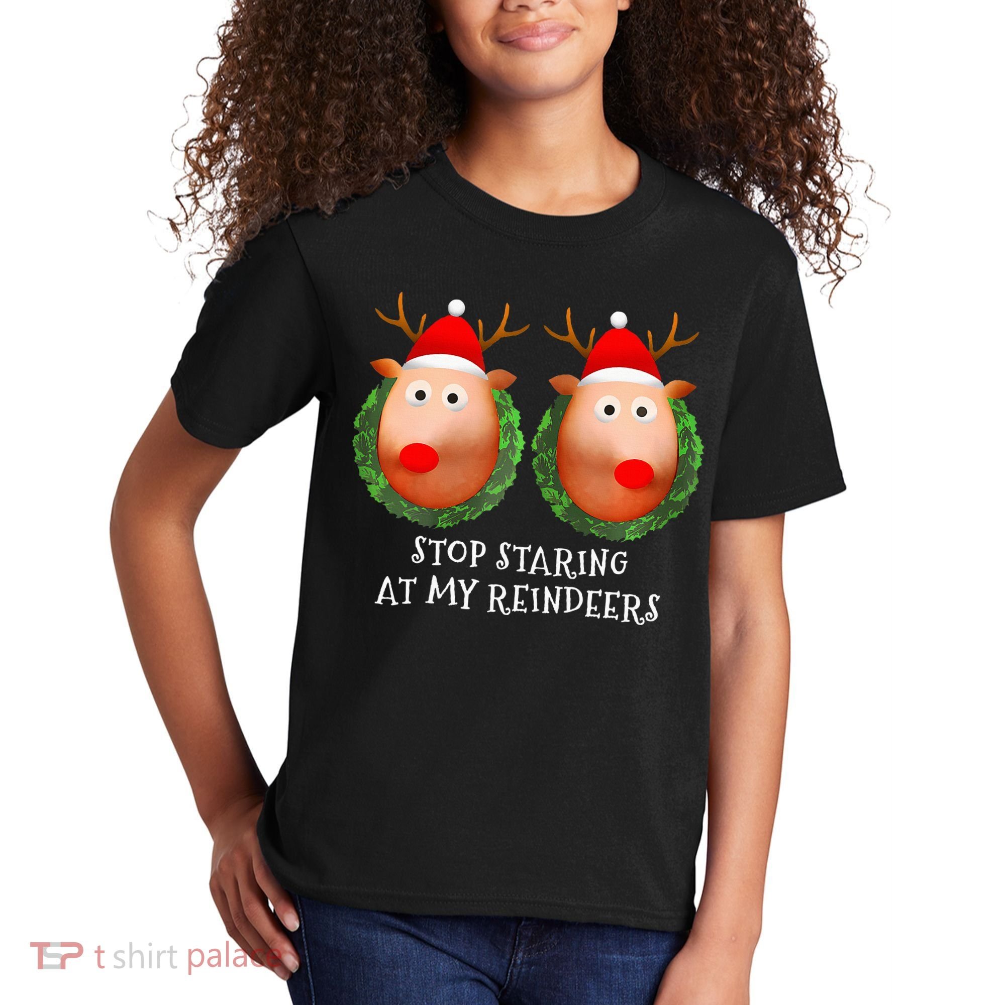 Stop Staring At My Reindeers Boob Ugly Gag Xmas Sweater  Kids T-Shirt