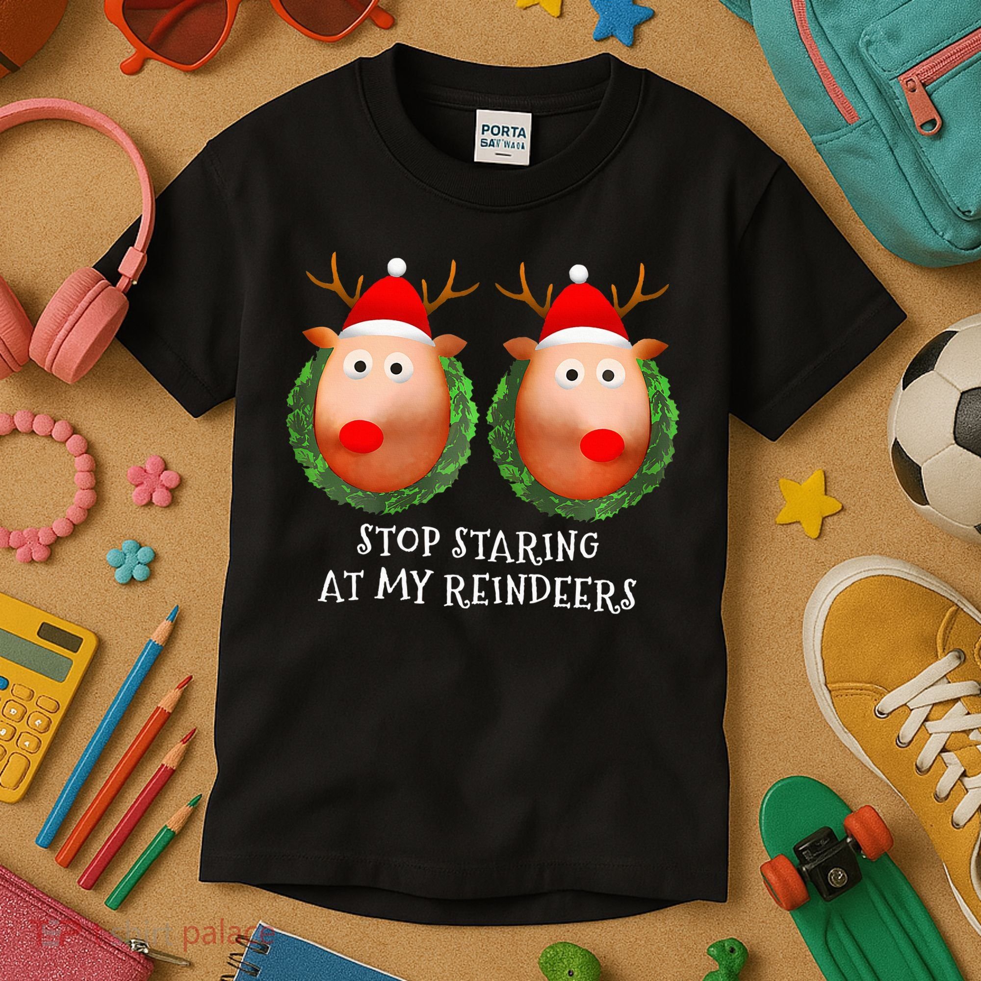 Stop Staring At My Reindeers Boob Ugly Gag Xmas Sweater  Kids T-Shirt