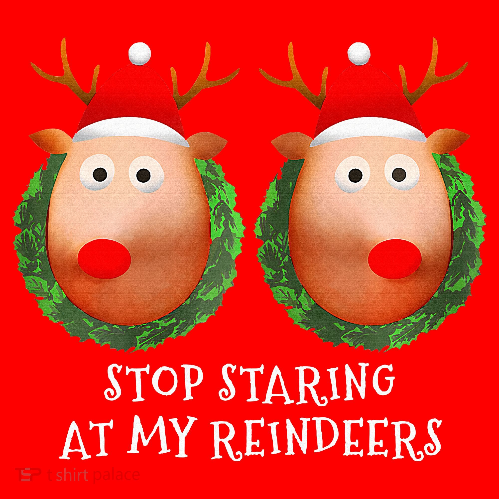 Stop Staring At My Reindeers Boob Ugly Gag Xmas Sweater  Santa Hat