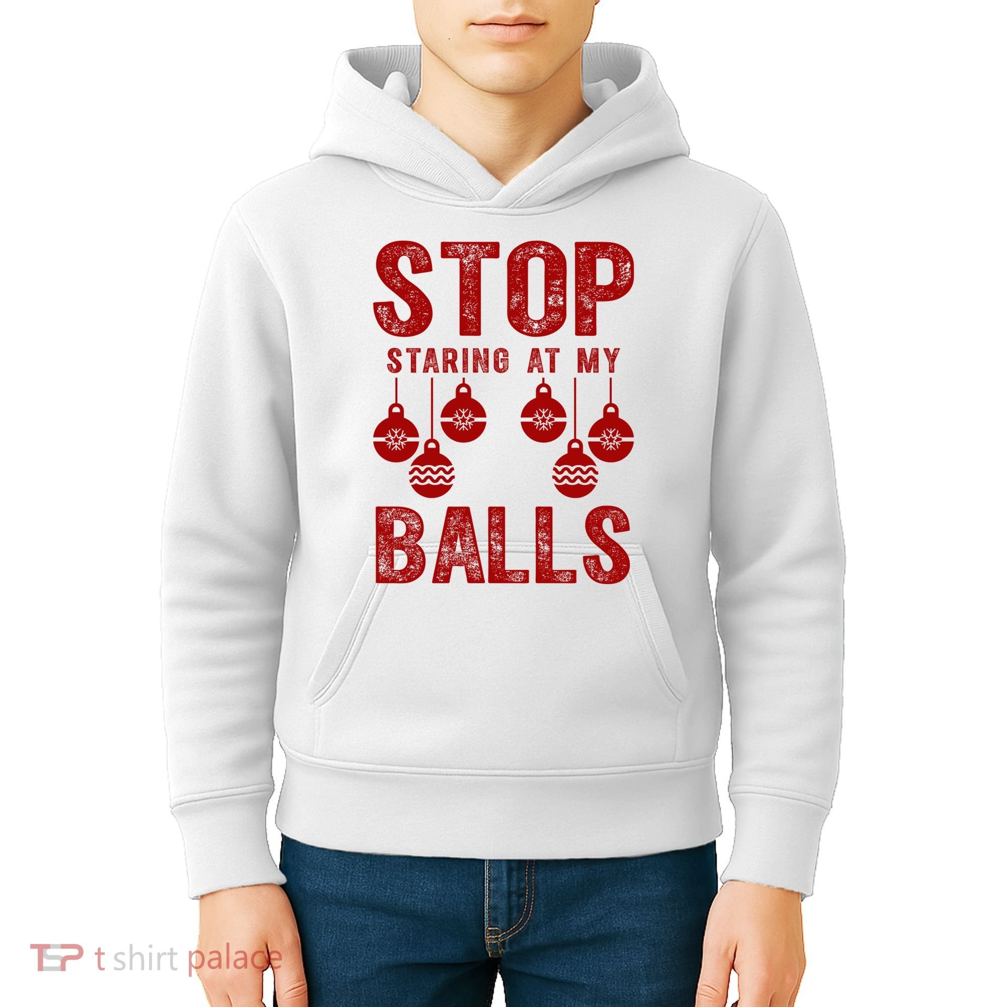 Stop Staring At My Balls Funny Xmas Christmas Ornaments Kids Hoodie