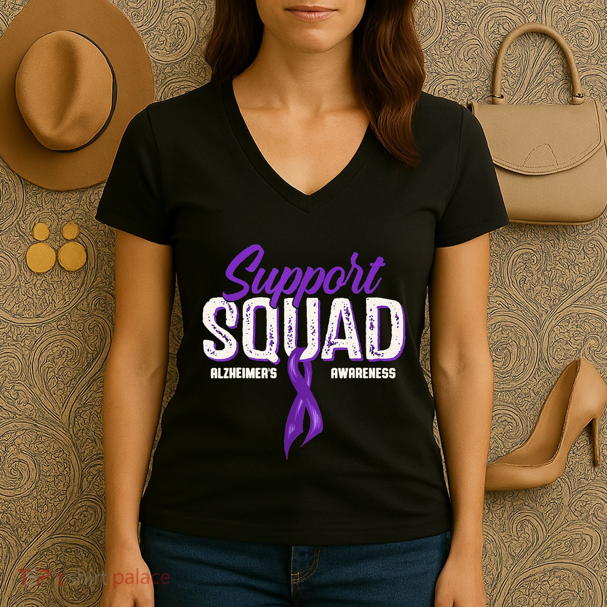 Support Squad Alzheimers Awareness Purple Ribbon Women's V-Neck T-Shirt