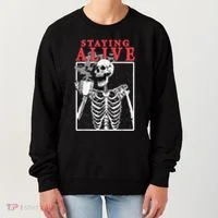 Skeleton Staying Alive Drinking Coffee Funny Skeleton Skull Women's Sweatshirt thumb 0