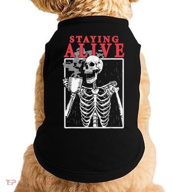 Skeleton Staying Alive Drinking Coffee Funny Skeleton Skull Doggie Tank