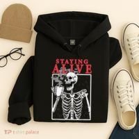 Skeleton Staying Alive Drinking Coffee Funny Skeleton Skull Hoodie thumb 4