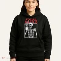 Skeleton Staying Alive Drinking Coffee Funny Skeleton Skull Hoodie thumb 5