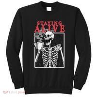 Skeleton Staying Alive Drinking Coffee Funny Skeleton Skull Sweatshirt thumb 0