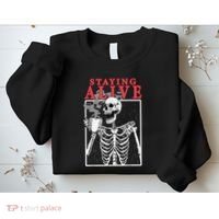 Skeleton Staying Alive Drinking Coffee Funny Skeleton Skull Sweatshirt thumb 2