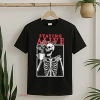 Skeleton Staying Alive Drinking Coffee Funny Skeleton Skull T-Shirt thumb 2