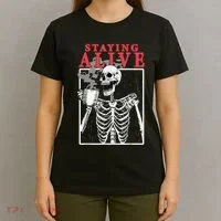 Skeleton Staying Alive Drinking Coffee Funny Skeleton Skull T-Shirt thumb 4