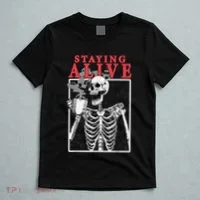 Skeleton Staying Alive Drinking Coffee Funny Skeleton Skull T-Shirt thumb 5