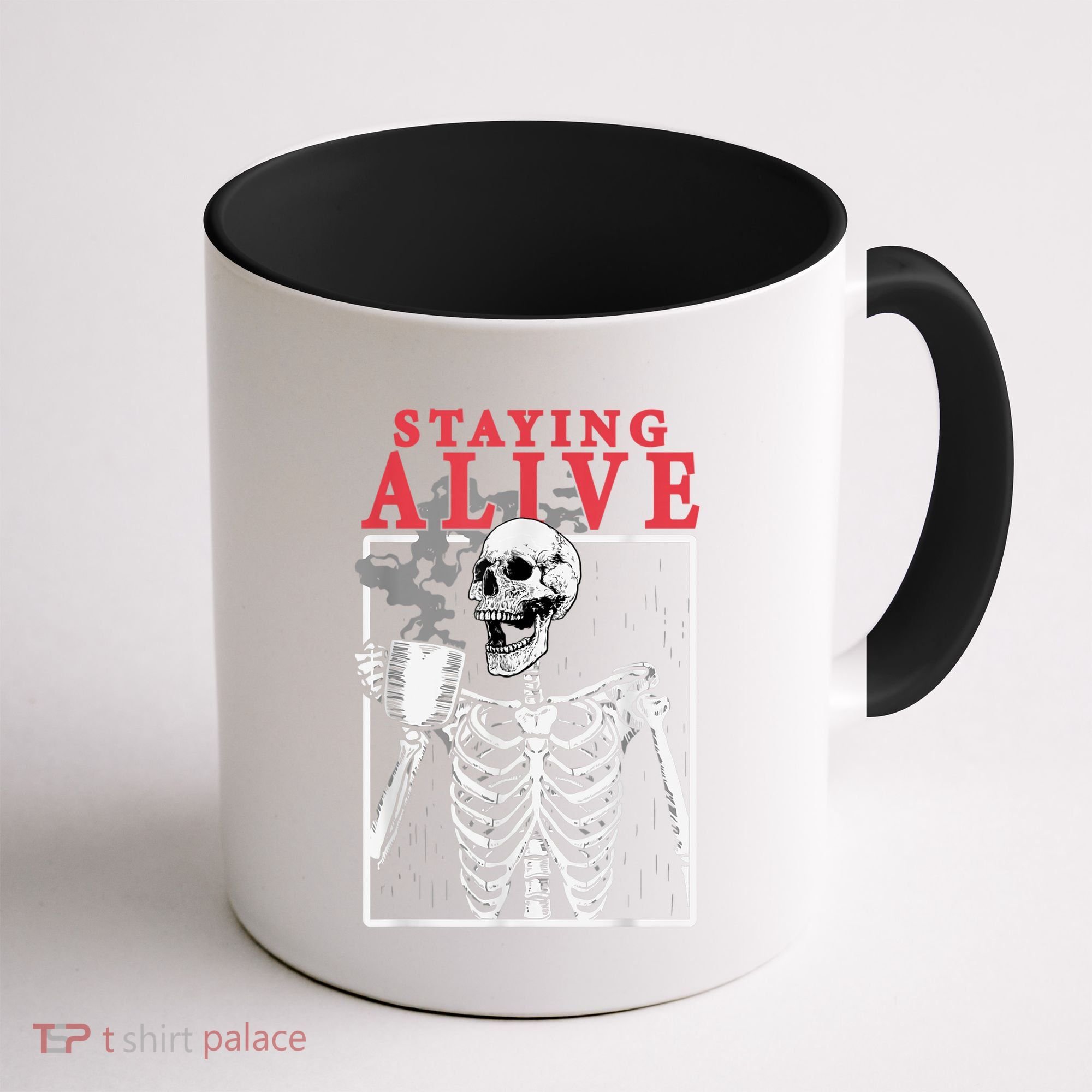 Skeleton Staying Alive Drinking Coffee Funny Skeleton Skull Coffee Mug